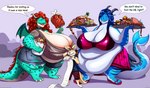 anthro barefoot belly big_belly big_breasts blue_body bottomwear bra breasts bucket claws cleavage clenched_teeth clothed clothing collar container dragon_wings eyes_closed fangs feet female fin food food_pile footwear fur green_body group hair half-closed_eyes hand_behind_head holding_bucket holding_container holding_food holding_list holding_object holding_plate horn huge_breasts hyper hyper_breasts list male meat_on_bone narrowed_eyes navel obese obese_anthro obese_female open_mouth overweight overweight_anthro overweight_female pile_of_food raised_tail sandals scales shirt shoes shorts skirt smile standing tail tail_fin tank_top teeth text thick_thighs toe_claws tongue topwear torn_clothing trio underwear white_belly wide_hips wings shenzel european_mythology mythology loki_(shenzel) maggie_(shenzel) mira_(shenzel) aquatic_dragon canid canine dragon fennec_fox fox mammal marine mythological_creature mythological_scalie scalie true_fox western_dragon 2020 english_text hi_res