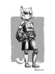 anthro armor bangs boob_armor bottomwear breastplate clothing female hair headgear helmet holding_object looking_at_viewer mandalorian_armor medium_hair skirt solo straight_hair tight_clothing conditional_dnp doxhun star_wars fan_character gatinha_(doxhun) domestic_cat felid feline felis mammal mandalorian digital_media_(artwork) greyscale hi_res monochrome