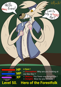 3_tails anthro bodily_fluids cheerful clothing dialogue dialogue_choice drooling experience_bar fangs game_ui gameplay_mechanics gui health health_bar imminent_vore innuendo licking licking_lips male multi_tail multiple_choice saliva skill_check smile solo speech_bubble tail teeth tongue tongue_out toony vore arnaut inari_(arnaut) canid canine fox fox_spirit mammal absurd_res hi_res