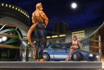 3_toes anthro athletic athletic_anthro athletic_male back_muscles barefoot bedroom_eyes black_nose blue_eyes bottomwear breasts brown_body brown_fur brown_hair butt car claws clothed clothing duo feet female finger_claws full_moon fur hair hindpaw humanoid_hands male male/female moon motor_vehicle narrowed_eyes night nipples orange_body orange_fur outside pants paws police police_car police_uniform police_vehicle public public_exposure seductive shorts sitting smile standing striped_body striped_fur stripes toe_claws toes topless topless_anthro topless_female topless_male uniform vehicle waterfall hamili chicane_(gameroo) tyler_zine dasyuromorph kangaroo macropod mammal marsupial recently_extinct_species thylacine 2023 digital_media_(artwork) hi_res