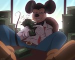 anthro banknote chair cigarette clothed clothing counting_money desk feet feet_on_desk foot_on_table furniture holding_money holding_object inside male money office office_chair on_chair sitting sitting_on_chair smoking solo table tail text window jordo_(artist) disney mickey_mouse mammal mouse murid murine rodent