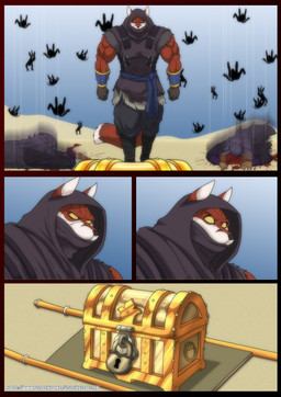 anthro armor big_muscles blood bodily_fluids bottomwear bracers clothed clothing corpse death desert footwear fur group headgear headwear hood lock male multicolored_body multicolored_fur muscular muscular_anthro muscular_male red_body red_fur sand topwear treasure_chest two_tone_body two_tone_fur white_body white_fur xxsparcoxx acarius_medjay teofacio_larna ambiguous_species canid canine fox mammal red_fox true_fox 2024 comic digital_media_(artwork) hi_res