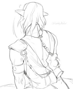 ambiguous_gender ambiguous_humanoid clothed clothing disembodied_hand duo faceless_ambiguous faceless_character hair humanoid_pointy_ears not_furry obscured_face pointy_ears rear_view simple_background cobu final_fantasy final_fantasy_xiv final_fantasy_xiv_(legacy) square_enix urianger_augurelt humanoid hi_res monochrome signature sketch