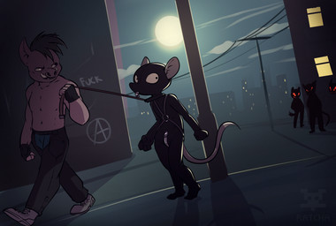 ambiguous_gender anthro bdsm bondage bound city clothing gimp gimp_suit group harness humiliation latex leash male moon night outside public public_humiliation walkies walking ratcha domestic_pig mammal mouse murid murine rodent suid suine sus_(pig) 2017 digital_media_(artwork) hi_res shaded