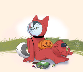 anthro backpack candy chibi clothing collar costume dessert duo ears_up eyewear food fruit glasses grass halloween_costume holidays lollipop male plant pumpkin simple_background ambre_le_ciel ambre_le_mon among_us halloween innersloth crewmate_(among_us) animal_humanoid canid canid_humanoid canine canine_humanoid canis domestic_dog humanoid mammal mammal_humanoid animated hi_res