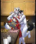 2015 anthro appliance apron black_bars black_hair blush canid canine canis casual_nudity clothing cookie detailed_background domestic_dog duo embrace eyes_closed food glass hair handwear heart_symbol hi_res hug husky inside kitchen kitchen_appliance kyma male mammal milk nordic_sled_dog nude oven_mitts pillarbox ponytail spitz toaster tray white_hair yellow_eyes
