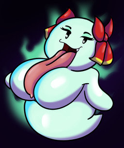 abstract_background bedroom_eyes big_breasts bow_(feature) breasts dot_eyes eyelashes fangs female long_tongue looking_at_viewer narrowed_eyes not_furry outline seductive sharp_teeth shortstack simple_background simple_eyes solo teal_body teal_skin teeth tongue tongue_out someth1ngoranother mario_bros nintendo paper_mario lady_bow boo_(mario) ghost spirit 2022 absurd_res digital_media_(artwork) hi_res