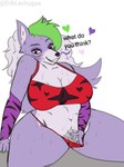 anthro belly big_breasts bodily_fluids breasts curvy_figure dialogue female huge_breasts presenting pubes seductive sitting slightly_chubby smile smiling_at_viewer solo sweat talking_to_viewer text thick_thighs voluptuous wide_hips eriklechugaa five_nights_at_freddy's five_nights_at_freddy's:_security_breach scottgames steel_wool_studios roxanne_wolf canid canine canis mammal wolf 3:4 english_text