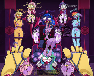 abs alternate_universe anklet anthro areola ball_gag blonde_hair blush blush_lines bodily_fluids chair chest_tuft choker collar crotch_tuft cutie_mark dialogue digit_ring drilldo eyelashes feet female female/female foot_fetish furniture gag glowing group hair horn horn_jewelry horn_ring jewelry long_eyelashes magic magic_hands magic_inhibitor motion_lines muffled muscular muscular_female neck_ring necklace nipple_dip nipple_fetish nipple_play nude penetration ring ring_(jewelry) sweat sweatdrop tears text thought_bubble throne tickle_torture tickling tickling_belly tickling_feet tickling_nipples tickling_sides toe_ring toes tuft vaginal vaginal_penetration ventral_groove wings caroo equestria_girls friendship_is_magic hasbro my_little_pony mythology applejack_(mlp) fluttershy_(mlp) pinkie_pie_(mlp) princess_celestia_(mlp) princess_luna_(mlp) rainbow_dash_(mlp) rarity_(mlp) starlight_glimmer_(mlp) sunset_shimmer_(eg) twilight_sparkle_(mlp) earth_pony equid equine horse mammal mythological_creature mythological_equine pony winged_unicorn english_text hi_res