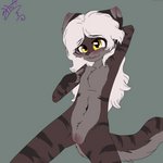 anthro black_stripes blush female flat_chested fur genitals grey_body grey_fur hair nude pussy solo stripes white_body white_fur white_hair young young_anthro hiroketzio amalia_(claralaine) domestic_cat felid feline felis mammal 1:1 absurd_res hi_res