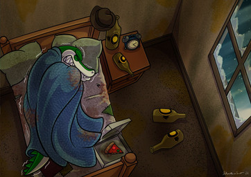 alarm_clock anthro bed bottle box brown_clothing brown_hat brown_headwear clock clothing cold container fedora food furniture green_body hat headgear headwear male multicolored_body pillow pizza pizza_box pizza_slice shaking shivering snow solo stained_bed_sheet teeth two_tone_body white_body window yuski cregon alligator alligatorid crocodile crocodilian reptile scalie shaded