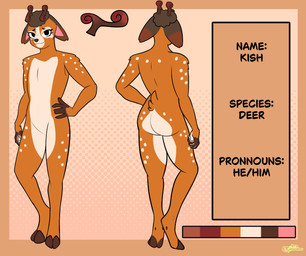 anthro antlers black_nose brown_body brown_fur featureless_crotch fingerless_(marking) fur hand_on_hip hooved_toes hooves horn humanoid_hands looking_at_viewer male nude_anthro nude_male pink_inner_ear solo standing text white_body white_fur it_doodles kish_the_deer deer mammal 2025 digital_drawing_(artwork) digital_media_(artwork) english_description english_text hi_res model_sheet