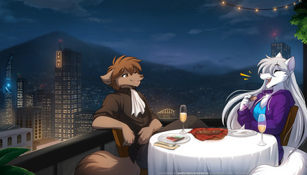 5_fingers alcohol anthro at_table balcony beverage biped bottomwear bread breasts brown_body brown_eyes brown_fur brown_hair chair champagne chest_tuft city cityscape clothed clothed_anthro clothed_female clothed_male clothing cloud date detailed_background dinner dinner_date duo eyes_closed female fingers food fully_clothed fully_clothed_anthro fully_clothed_female fully_clothed_male fur furniture glass hair hoodie leaning leaning_backward long_hair male night on_chair open_mouth open_smile outside side_view sitting sky smile tail teeth text tongue topwear tuft white_body white_fur conditional_dnp narikusha tom_fischbach twokinds raine_silverlock zen_(twokinds) canid canine canis keidran mammal wolf 2025 7:4 digital_drawing_(artwork) digital_media_(artwork) english_text hi_res url