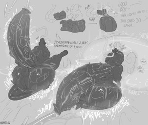anthro ball_tuft balls big_balls big_penis bodily_fluids breath claws clothing cum dialogue ejaculation excessive_genital_fluids excessive_precum genital_fluids genitals growth huge_balls huge_penis hyper hyper_balls hyper_fertile hyper_genitalia hyper_penis hyper_precum latex latex_clothing machine male musk musky_balls musky_penis onomatopoeia panting penis praise precum precum_through_clothing solo sound_effects tail testosterone text tube tuft wet wet_clothing nathyness protogen english_text hi_res monochrome sketch