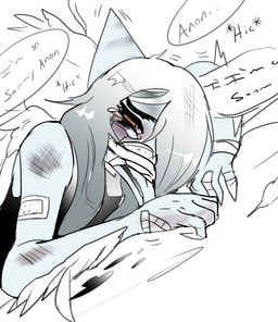 abuse abused anthro apology arm_feathers bandage biped black_clothing black_shirt black_tank_top black_topwear blue_body bodily_fluids bone_frill bruised clothed clothed_anthro clothed_female clothing crying dialogue eyes_mostly_closed feathered_wings feathers female fingers frill_(anatomy) grey_hair hair hair_over_eye hiccuping humanoid_hands long_hair looking_at_viewer narrowed_eyes offscreen_character open_mouth orange_eyes sad shirt solo speech_bubble talking_to_viewer tank_top tears text topwear white_body white_feathers wings rexhastala cavemanon_studios goodbye_volcano_high ko_op_(game_developer) snoot_game anon_(snoot_game) fang_(gvh) prehistoric_species pterosaur reptile scalie english_text hi_res