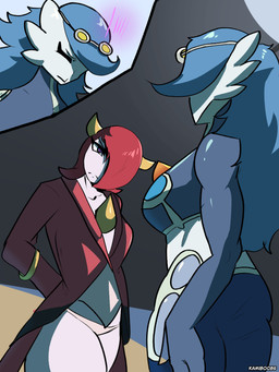 anthro beach blue_hair duo eyewear female goggles hair night red_eyes red_hair kamino1 nintendo pokemon gardevoir generation_3_pokemon pokemon_(species) 3:4 absurd_res hi_res