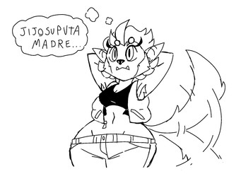 big_butt bottomwear breasts butt clothing denim denim_bottomwear denim_clothing eyelashes fangs female hands_behind_head humanoid_pointy_ears inner_thoughts jacket jeans pants pointy_ears sharp_teeth simple_background small_breasts solo tail tail_motion tailwag teeth text thick_eyelashes tomboy topwear wide_hips wolf_tail diegutan mythology danver_the_werewolf canid canine canis humanoid mammal mythological_canine mythological_creature werecanid werecanine werecreature werewolf wolf black_and_white hi_res monochrome spanish_text translation_request