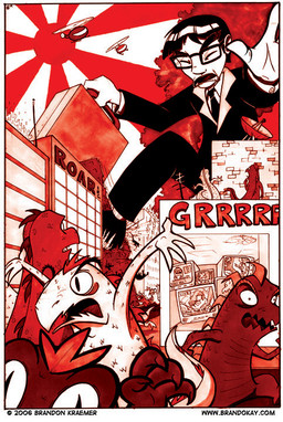 accessory aircraft ambiguous_gender attack briefcase building business_suit city clothed clothing cuff_links destruction electronics extreme_size_difference group helicopter humor japan japanese macro male necktie parody rampage rising_sun role_reversal size_difference suit suitcase television vehicle brandokay brandon_kraemer godzilla_(series) toho godzilla human kaiju mammal monster scalie 2006 red_theme traditional_media_(artwork)