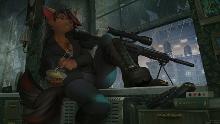 2_tails anthro black_hair black_nose book boots bottomwear breasts brown_body brown_fur bullet chest_tuft chopsticks cleavage clothed clothing denim denim_bottomwear denim_clothing female food footwear fully_clothed fur gun hair hair_over_eye jacket jeans magazine_(gun) multi_tail multicolored_hair noodles one_eye_obstructed pants raining ramen ranged_weapon red_eyes rifle scope shoes sniper_rifle tail topwear tuft weapon window miles_df canid canine mammal