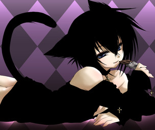 alternative_fashion bare_shoulders black_clothing black_hair blue_eyes bottomless candy cat_tail chocolate choker clothed clothing cross dessert femboy food goth hair jewelry looking_at_viewer lying male necklace on_side pattern_background purple_background seductive simple_background skimpy smile solo mochiko_(x-game) shugo_chara! black_lynx animal_humanoid cat_humanoid felid felid_humanoid feline feline_humanoid humanoid mammal mammal_humanoid