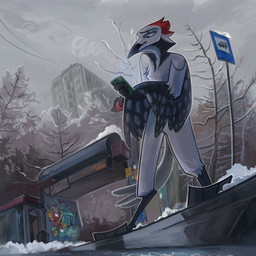 anthro avian_feet beak biped black_body black_feathers blue_eyes building cellphone city cloud detailed_background electronics feathered_wings feathers featureless_crotch feet graffiti holding_object holding_phone looking_down low-angle_view male nude outside phone plant public public_transportation red_body red_feathers sign sky smartphone smoke snow solo standing tail tail_feathers talons toes train tree vehicle white_body white_feathers winged_arms wings winter keuejay apple_inc. iphone layvan avian bird picid woodpecker 1:1 2025 detailed digital_media_(artwork) hi_res