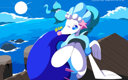 ambiguous_gender bite biting_own_tail blue_eyes blue_hair cloud fangs feral gem hair pearl_(gem) rock sea sky solo split_form starfish_(accessory) sun tail teeth water white_body sleepy_sealion nintendo pokemon asterozoan echinoderm generation_7_pokemon marine pokemon_(species) primarina starfish 16:10 2025 absurd_res dated hi_res signature widescreen
