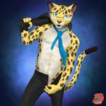 abs anthro barely_visible_genitalia barely_visible_penis bottomwear clothed clothing eyewear genitals glasses male necktie open_bottomwear open_clothing open_pants pants penis solo topless savikaay aggretsuko sanrio hyoudou felid leopard mammal pantherine 1:1 hi_res