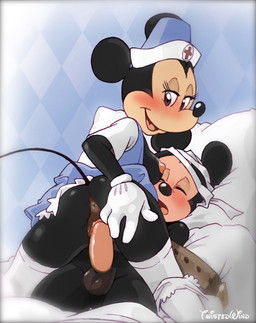 anthro anus balls bandage black_body black_fur blush breasts butt canon_couple clothing cowgirl_position duo erection female female_on_top female_penetrated from_front_position fur genitals half-closed_eyes humanoid_genitalia humanoid_penis looking_back male male/female male_on_bottom male_penetrating male_penetrating_female narrowed_eyes nipples nurse nurse_clothing nurse_uniform on_bottom on_top open_mouth penetration penile penile_penetration penis penis_in_vagina restrained seductive sex side_boob spread_butt spreading straddling tongue uniform vaginal vaginal_penetration vulva twistedterra disney mickey_mouse minnie_mouse house_mouse mammal mouse murid murine rodent hi_res