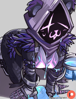 all_fours anthro big_breasts blue_liquid breasts clothed clothing container drenched ears_through_headwear eyes_closed facial_scar female glass glass_container grey_background hood liquid_on_body liquid_on_breast metal_gloves on_ground puddle scar simple_background slurp_juice solo wet moxydraws epic_games fortnite raven_team_leader bear mammal absurd_res hi_res