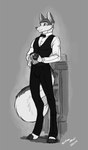 anthro bar bartender bow_(feature) bow_tie cleaning clothed clothing container cup inside male smile solo standing suit wmdiscovery93 ravi_whitefox canid canine fox mammal marble_fox red_fox true_fox 2016 greyscale hi_res monochrome