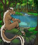 anthro claws dragon eastern_dragon feher_(feher) grass hi_res horn looking_aside male mythological_creature mythological_scalie mythology nude outside partyzan pawpads plant rock scalie sitting smile solo tree water wingless_dragon