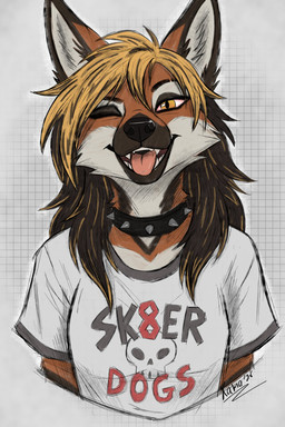 alternative_fashion anthro black_nose blonde_hair breasts cheek_tuft clothed clothing collar countershading dark_hair eyebrow_slit eyebrows eyeliner facial_tuft fangs female front_view fur hair inner_ear_fluff looking_at_viewer makeup multicolored_body multicolored_fur multicolored_hair one_eye_closed orange_body orange_fur pointy_ears prick_ears print_clothing print_shirt print_topwear punk shirt simple_background skull_symbol solo spiked_collar spikes teeth tongue tongue_out topwear tuft two_tone_hair white_body white_clothing white_fur white_inner_ear_fluff white_shirt white_topwear yellow_eyes hekhoundkama samantha_harper canid canine mammal maned_wolf 2026 absurd_res bust_portrait digital_drawing_(artwork) digital_media_(artwork) hi_res portrait signature