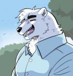 anthro black_nose clothed clothing eyes_closed fur male outside shirt slightly_chubby solo teeth topwear white_body white_fur kurumiken aggretsuko sanrio shirota_(aggretsuko) bear mammal polar_bear ursine 2019 hi_res