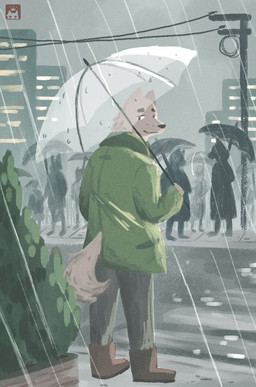 ambiguous_gender anthro back_tuft boots bottomwear city clothing crosswalk crowd detailed_background eyebrows fluffy fluffy_tail footwear fur grey_body grey_fur group holding_object jacket looking_at_viewer looking_back male pants pointy_ears rear_view shoes simple_eyes snout tail thick_eyebrows topwear tuft umbrella w0lfi unnamed_character canid canine mammal detailed digital_media_(artwork) digital_painting_(artwork) hi_res painting_(artwork)