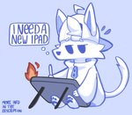 anthro cheek_tuft clothed clothing drawing_tablet facial_tuft fire hat head_tuft headgear headwear jacket male pawpads simple_background simple_eyes sitting solo thought_bubble topwear tuft rz54 rz54_(rz54) absurd_res hi_res