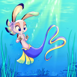 4_fingers anthro blue_eyes dipstick_ears ear_markings eyebrows eyelashes fin fingers fish_tail green_nose group legless light long_ears mermaid_tail multicolored_ears sea seaweed solo_focus split_form two_tone_tail underwater water ribbontini ribbontail_(character) ambient_fish ambient_sealife aquatic fish hybrid lagomorph leporid mammal merfolk rabbit 1:1 hi_res lighting shaded signature