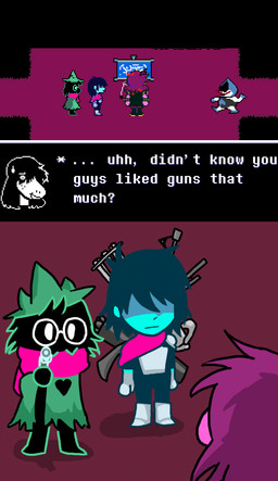 chibi female fur group gun humor male ranged_weapon text weapon unknown_artist deltarune ralsei_with_a_gun undertale_(series) kris_dreemurr lancer_(deltarune) ralsei susie_(deltarune) bovid caprine darkner goat human lightner lizard mammal reptile scalie 2018 english_text hi_res meme