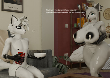 anthro black_markings blue_eyes bodily_fluids bowl breasts casual_nudity clothing container dairy_products duo ellipsis female food furniture hair holding_breast lactating looking_at_another male markings nude offering_milk sofa text underwear white_hair goldenfoxythefox domibun_(modeler) elsa_(atoastedorange) leo_(atoastedorange) canid canine fox mammal 3d_(artwork) digital_media_(artwork) english_text hi_res grandchild_(lore) grandmother_(lore) grandparent_(lore) grandparent_and_grandchild_(lore) grandson_(lore) incest_(lore)
