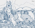 3_fingers 3_toes ambiguous_anthro ambiguous_gender anthro armwear armwear_only big_tail biped bridal_gauntlets bridal_gauntlets_only building building_destruction city claws closed_smile clothing cloud countershade_fur countershade_torso countershading destruction detailed_background dipstick_ears dipstick_tail ear_markings facial_markings feet finger_claws fingers fluffy fluffy_tail fur head_markings leg_markings looking_down macro macro_ambiguous macro_anthro markings mostly_nude mostly_nude_ambiguous mostly_nude_anthro mouth_closed multicolored_body multicolored_ears multicolored_fur neck_tuft outside pawpads paws sitting sky smile socks_(marking) solo tail tail_markings thigh_markings three-quarter_view toe_claws toes tuft teaselbone bandai_namco digimon digimon_(species) renamon 2018 blue_and_white digital_drawing_(artwork) digital_media_(artwork) monochrome signature