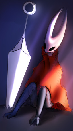 2_horns black_eyes black_feet black_legs cloak clothed clothing feet female floor horn melee_weapon nail_(weapon) red_cloak red_clothing sitting sitting_on_ground solo sword wall_(structure) weapon decompose hollow_knight_(franchise) team_cherry hornet_(hollow_knight) arthropod 2023 9:16 absurd_res digital_media_(artwork) hi_res