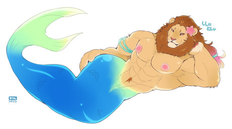 anthro biceps big_muscles brown_mane countershading fur hair heart_symbol looking_at_viewer male mane mane_hair muscular muscular_anthro muscular_male nipples nude orange_eyes pecs simple_background solo split_form text white_background giraffe_(artist) lion-san aquatic felid lion mammal merfolk pantherine 2018 digital_media_(artwork) hi_res japanese_text signature translated