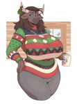 2_horns anthro big_breasts bottomwear breasts christmas_clothing clothed clothing coffee_cup collar container cup female hand_on_hip holding_container holding_cup holding_object holidays horn horn_jewelry horn_ring huge_breasts jewelry mistletoe mistletoe_bow mug multicolored_clothing multicolored_sweater multicolored_topwear pants plant ring_(jewelry) smile solo sweater tight_bottomwear tight_clothing tight_pants topwear wide_hipped_female wide_hips window slightlysimian christmas nihea_avarta bovid bovine mammal absurd_res hi_res