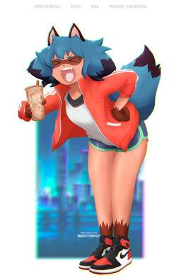 >_< anthro beverage blue_body blue_fur blue_hair bottomwear brown_body brown_fur clothed clothing dolphin_shorts eyes_closed female fingers fluffy fluffy_tail footwear fur hair holding_object jacket open_mouth shoes shorts solo tail teeth text text_on_clothing text_on_footwear text_on_shoes topwear meenthefox air_jordan_1 brand_new_animal jordan_(brand) nike studio_trigger michiru_kagemori canid canine mammal raccoon_dog tanuki 2020 absurd_res digital_media_(artwork) hi_res