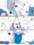 ambiguous_gender blue_eyes electronics fainting female feral group humor microphone musical_note musical_symbol simple_background singing starfish_(accessory) symbol winick-lim nintendo pokemon asterozoan brionne echinoderm generation_7_pokemon mammal marine pinniped pokemon_(species) popplio primarina starfish 2016 comic digital_media_(artwork)