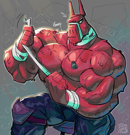 anthro bandage bandaged_arm bandaged_neck barazoku big_muscles bottomwear chest_tuft clothed clothing dog_tags ears_up eye_patch eyewear fur knee_pads looking_down male muscular muscular_anthro muscular_arms muscular_male nipples pants pinata pink_body pink_fur scar solo text topless tuft tufted_fur its_coldpizza epic_games fortnite lt._john_llama animate_inanimate camelid living_pinata llama mammal absurd_res hi_res