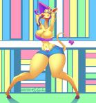 anthro big_breasts bottomwear breasts clothed clothing female fur hotpants lipstick long_tongue makeup midriff navel open_mouth pubes shorts simple_background solo tongue topwear tube_top srgriko gala giraffe giraffid mammal 2020 absurd_res hi_res