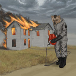 ambiguous_gender anthro arson biped black_body black_boots black_clothing black_footwear black_fur black_gloves black_handwear boots brown_body brown_fur brown_inner_ear_fluff brown_sclera burning_building clothing cloud criminal fire footwear fur gas_can gas_canister gasoline gloves grass grey_jumpsuit handwear inner_ear_fluff jumpsuit outside overcast plant pouring_liquid protective_suit pupils shoes sky slit_pupils smoke solo standing tuft avianvevo badger mammal mustelid musteline 1:1 2026 digital_drawing_(artwork) digital_media_(artwork) hi_res shaded