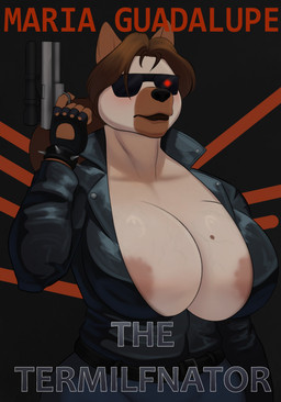 anthro areola areola_slip bad_trigger_discipline big_breasts black_nose bottomwear bracelet breasts brown_hair cleavage clothed clothing deep_cleavage eyewear female fingerless_gloves gloves gun hair handgun handwear holding_gun holding_handgun holding_object holding_pistol holding_ranged_weapon holding_weapon huge_breasts jacket jewelry leather leather_clothing leather_jacket leather_topwear long_hair markings mole_(marking) pants pistol ponytail ranged_weapon scope solo spiked_bracelet spikes sunglasses text topwear vein veiny_breasts weapon wearing_sunglasses pancarta terminator_(franchise) maria_(pancarta) canid canine canis domestic_dog german_shepherd herding_dog mammal pastoral_dog 2025 absurd_res hi_res