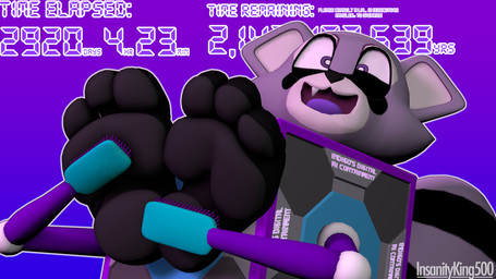 3_toes anthro black_body black_fur black_nose feet foot_fetish foot_focus fur multicolored_body multicolored_fur open_mouth open_smile purple_body purple_eyes purple_fur purple_tongue restrained smile soles solo text tickle_fetish tickle_torture tickling tickling_feet tickling_machine time_remaining toes tongue white_body white_fur white_inner_ear insanityking500 indigo_park rambley_raccoon mammal procyonid raccoon 3d_(artwork) artist_name digital_media_(artwork) hi_res male_(lore)