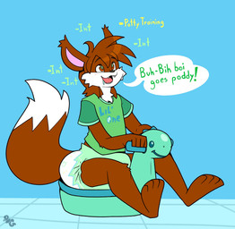 ambiguous_gender anthro baby_talk blush blush_lines bodily_fluids brown_body brown_fur brown_hair brown_nose brown_tail clothed clothing dialogue diaper dipstick_tail drooling fur green_clothing green_shirt green_topwear hair intelligence_loss logo markings multicolored_body multicolored_fur open_mouth open_smile pink_inner_ear potty saliva sharp_teeth shirt simple_background sitting smile solo speech_bubble spiral spiral_eyes tail tail_markings teeth text text_on_clothing text_on_shirt text_on_topwear topwear two_tone_body two_tone_fur unclean_diaper used_diaper wearing_diaper white_body white_fur white_tail white_tail_tip bubblepuppers chris_(babychrisfox) canid canine fox mammal absurd_res artist_logo english_text hi_res